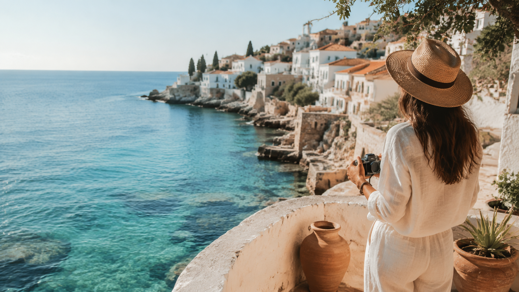 A traveller looking over a sunlit Mediterranean coast